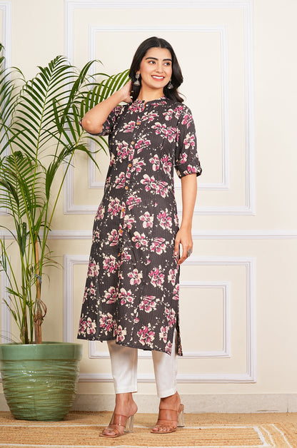 Black Katha Cotton A-Line Kurta