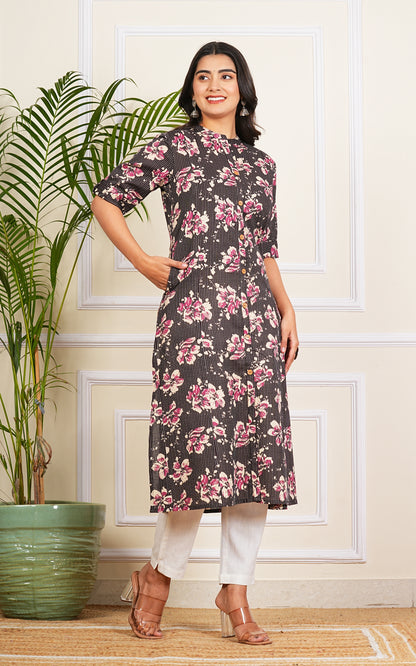 Black Katha Cotton A-Line Kurta