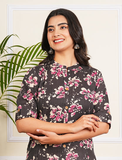 Black Katha Cotton A-Line Kurta