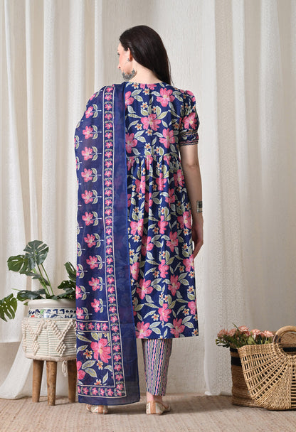 Blue Floral Cotton Anghrakha Set