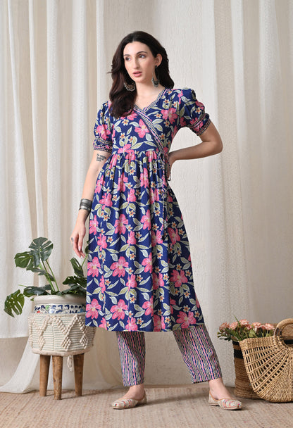 Blue Floral Cotton Anghrakha Set