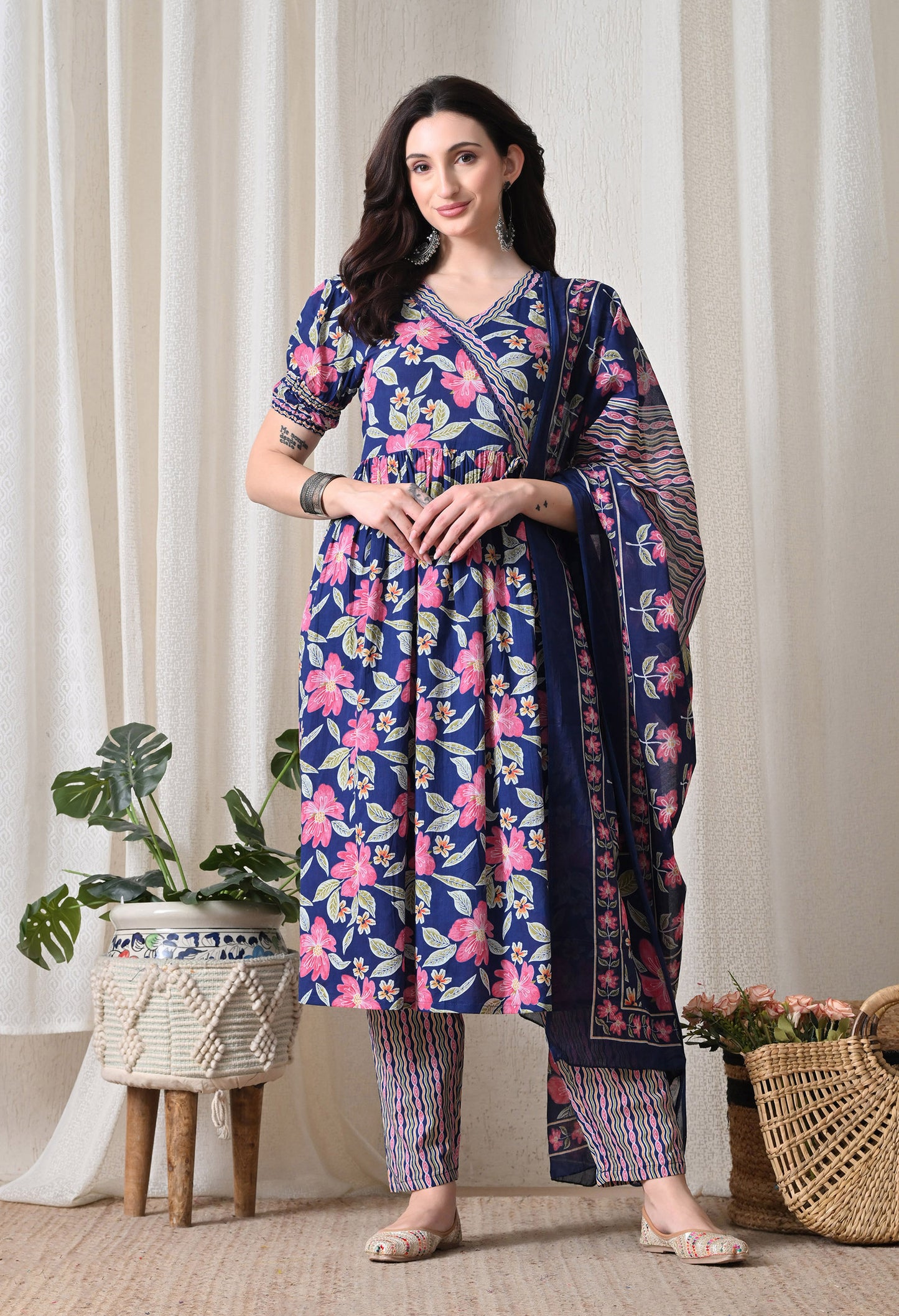 Blue Floral Cotton Anghrakha Set