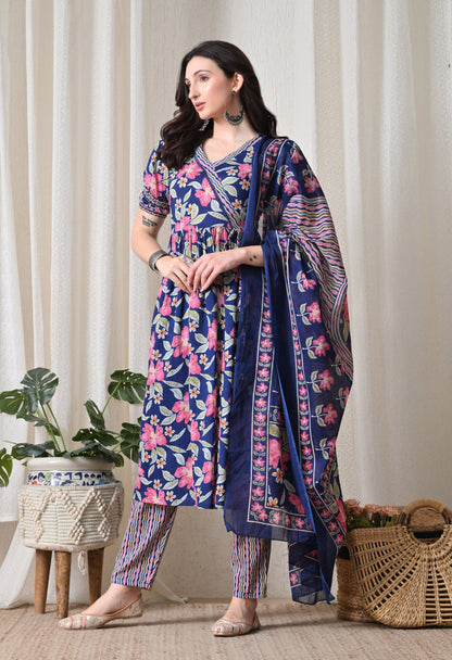 Blue Floral Cotton Anghrakha Set