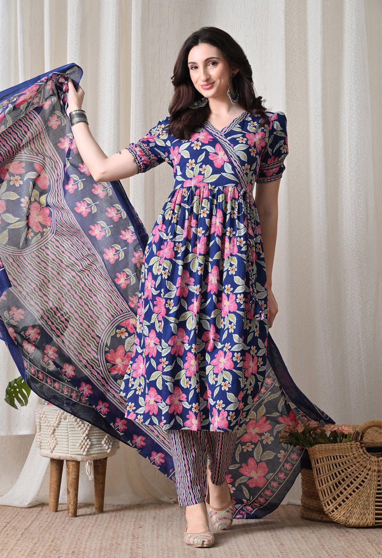 Blue Floral Cotton Anghrakha Set
