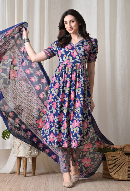 Blue Floral Cotton Anghrakha Set