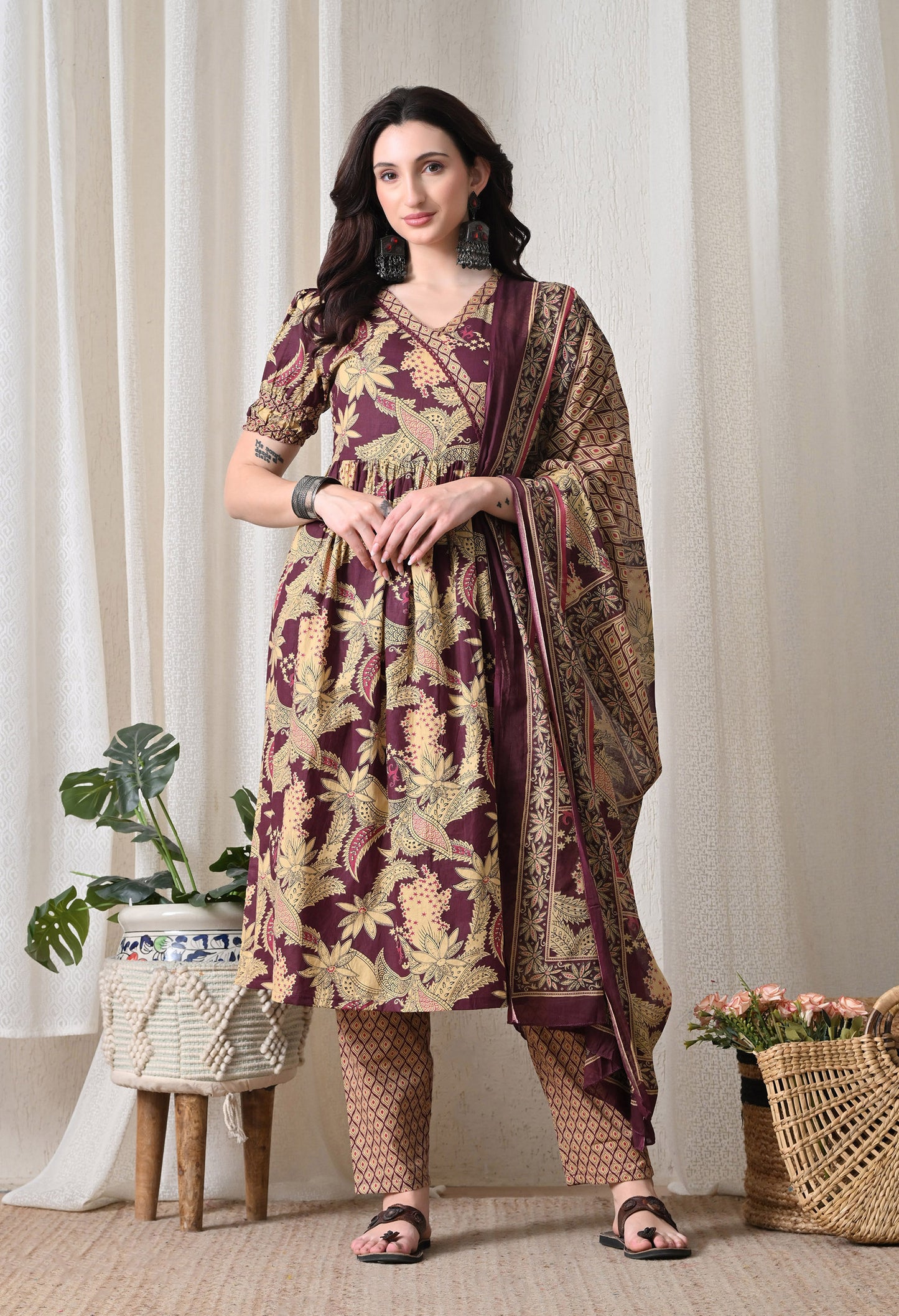 Wine Floral Cotton Angrakha Set