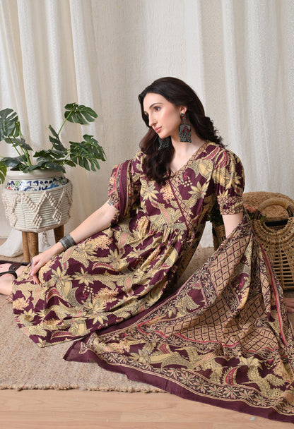 Wine Floral Cotton Angrakha Set