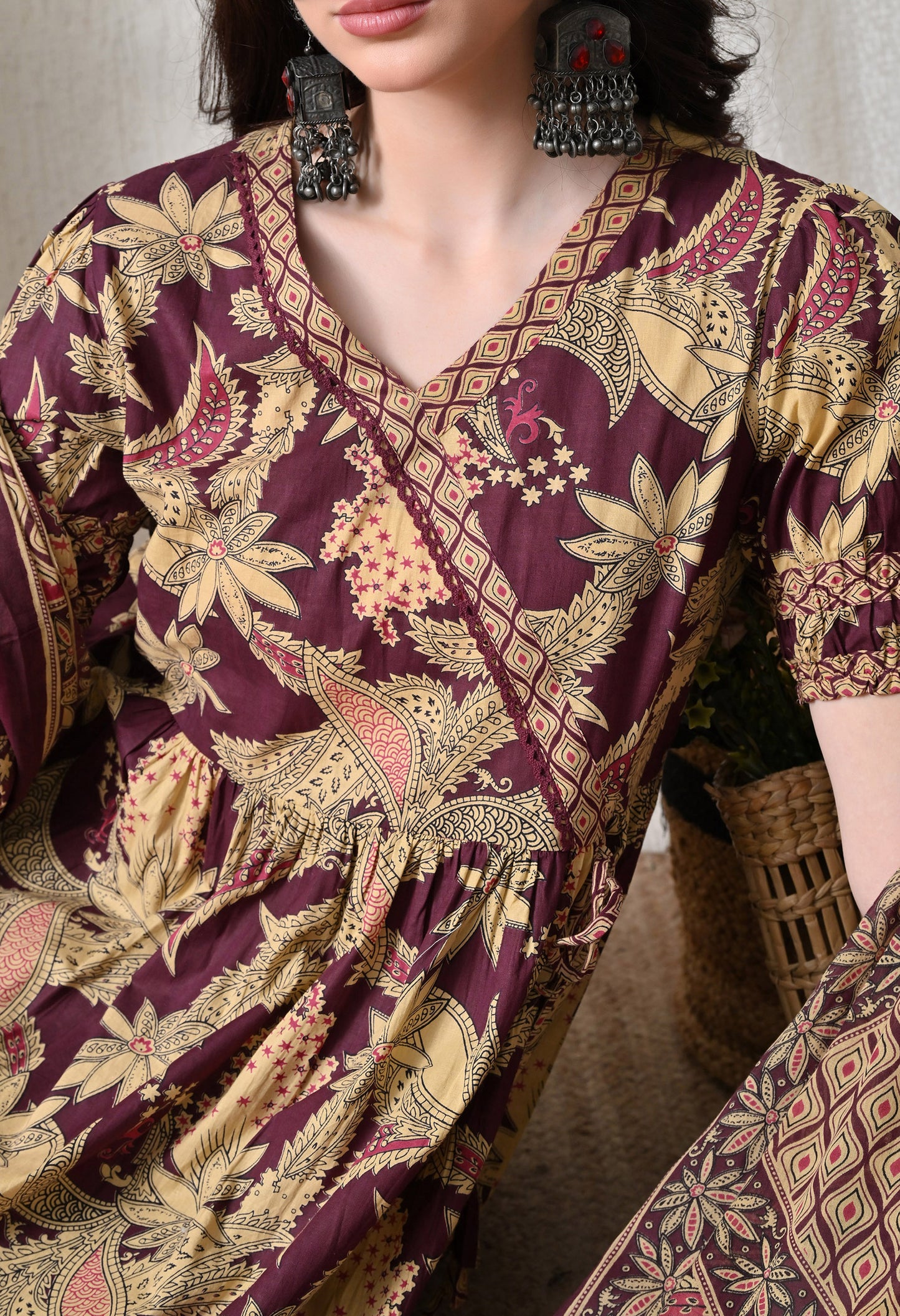 Wine Floral Cotton Angrakha Set