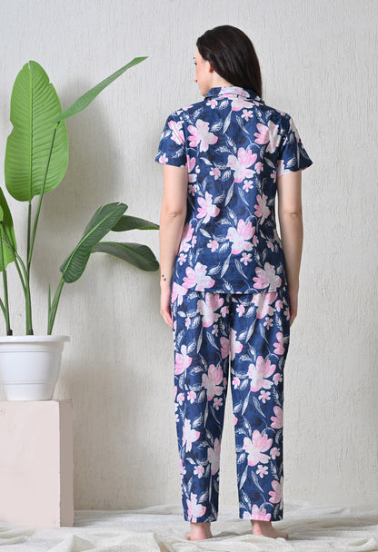 Blue Floral Printed Night Suit
