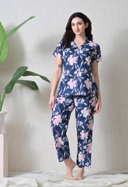 Blue Floral Printed Night Suit