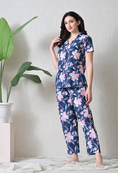 Blue Floral Printed Night Suit