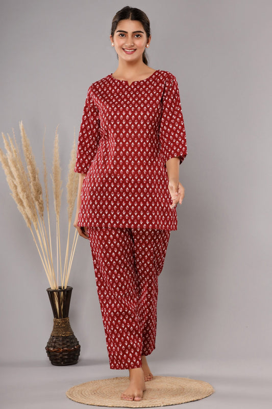 Red Buta Cotton Printed Night Suits