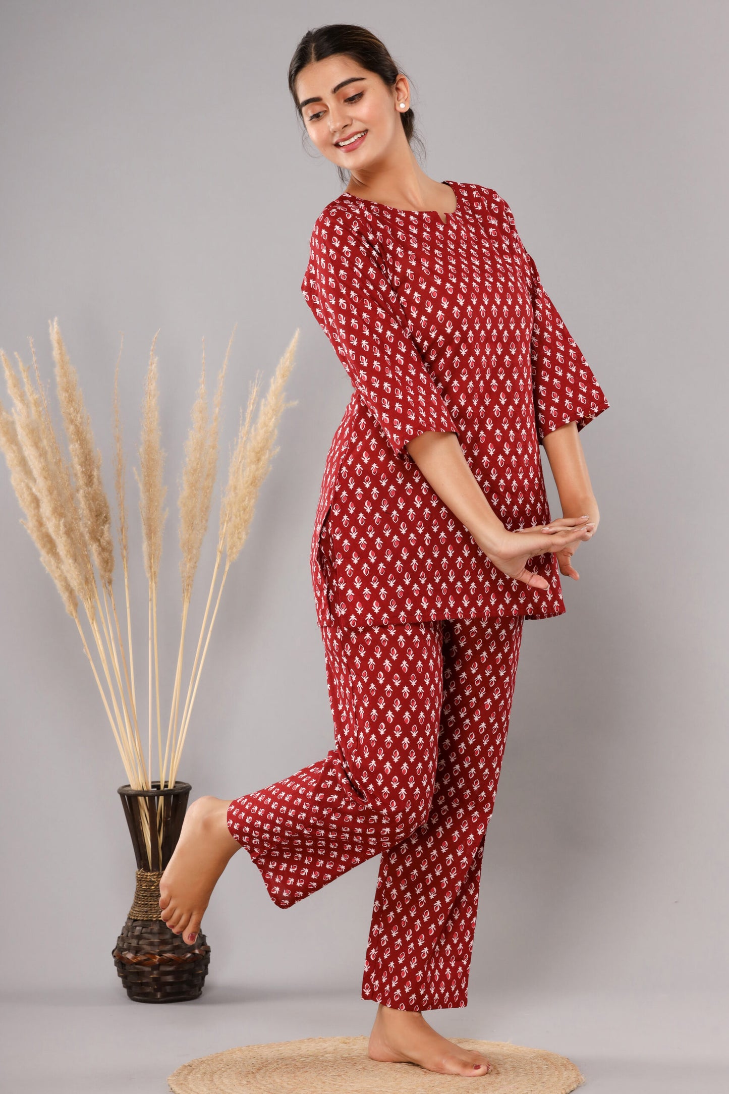 Red Buta Cotton Printed Night Suits