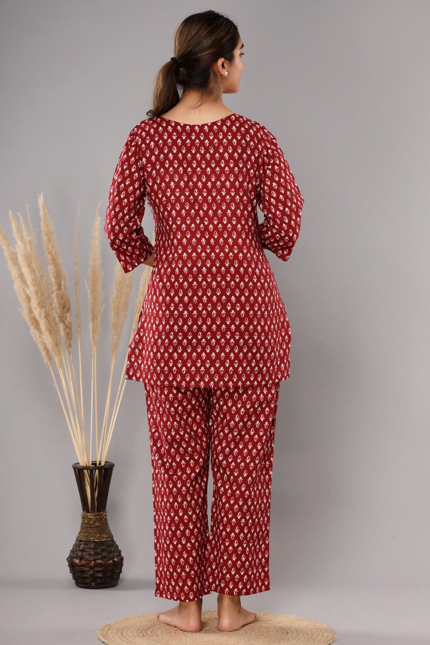 Red Buta Cotton Printed Night Suits