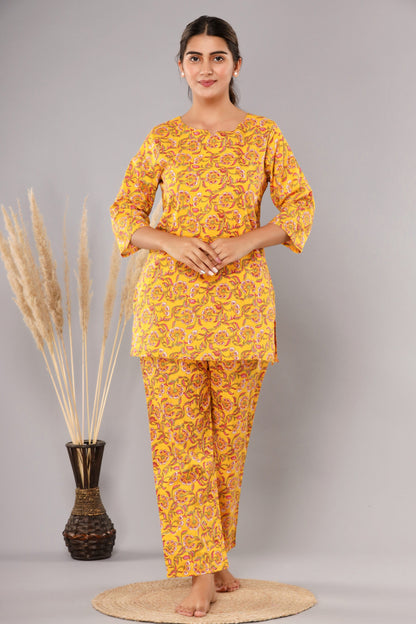 Yellow Cotton Printed Night Suits