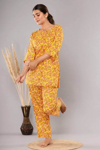 Yellow Cotton Printed Night Suits