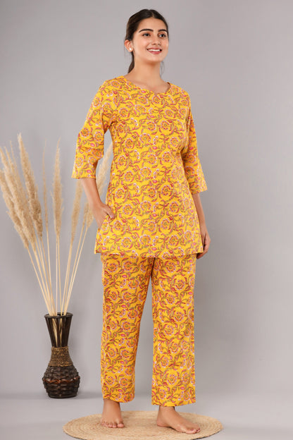 Yellow Cotton Printed Night Suits