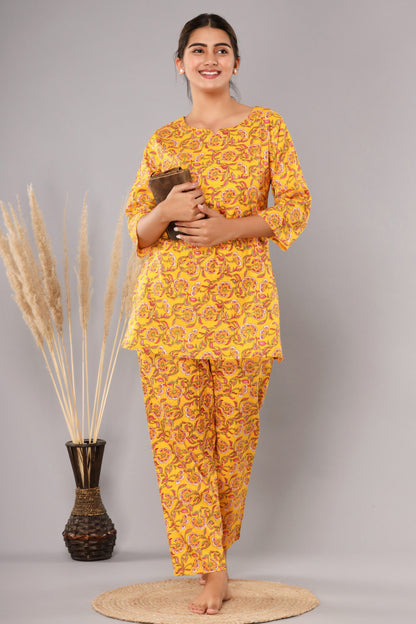 Yellow Cotton Printed Night Suits