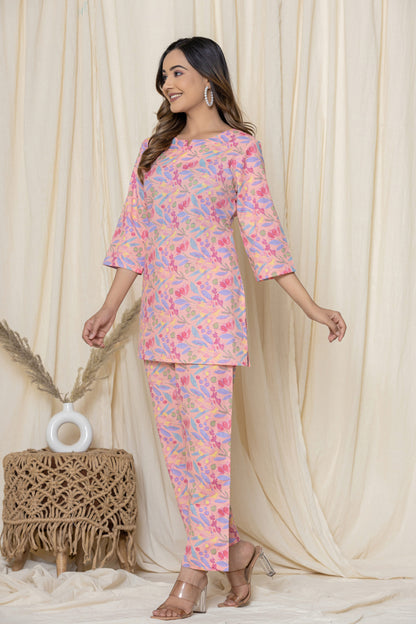 Pink Cotton Printed Night Suits