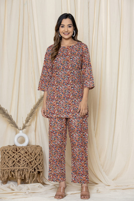 Red Small Paisely Cotton Printed Night Suit