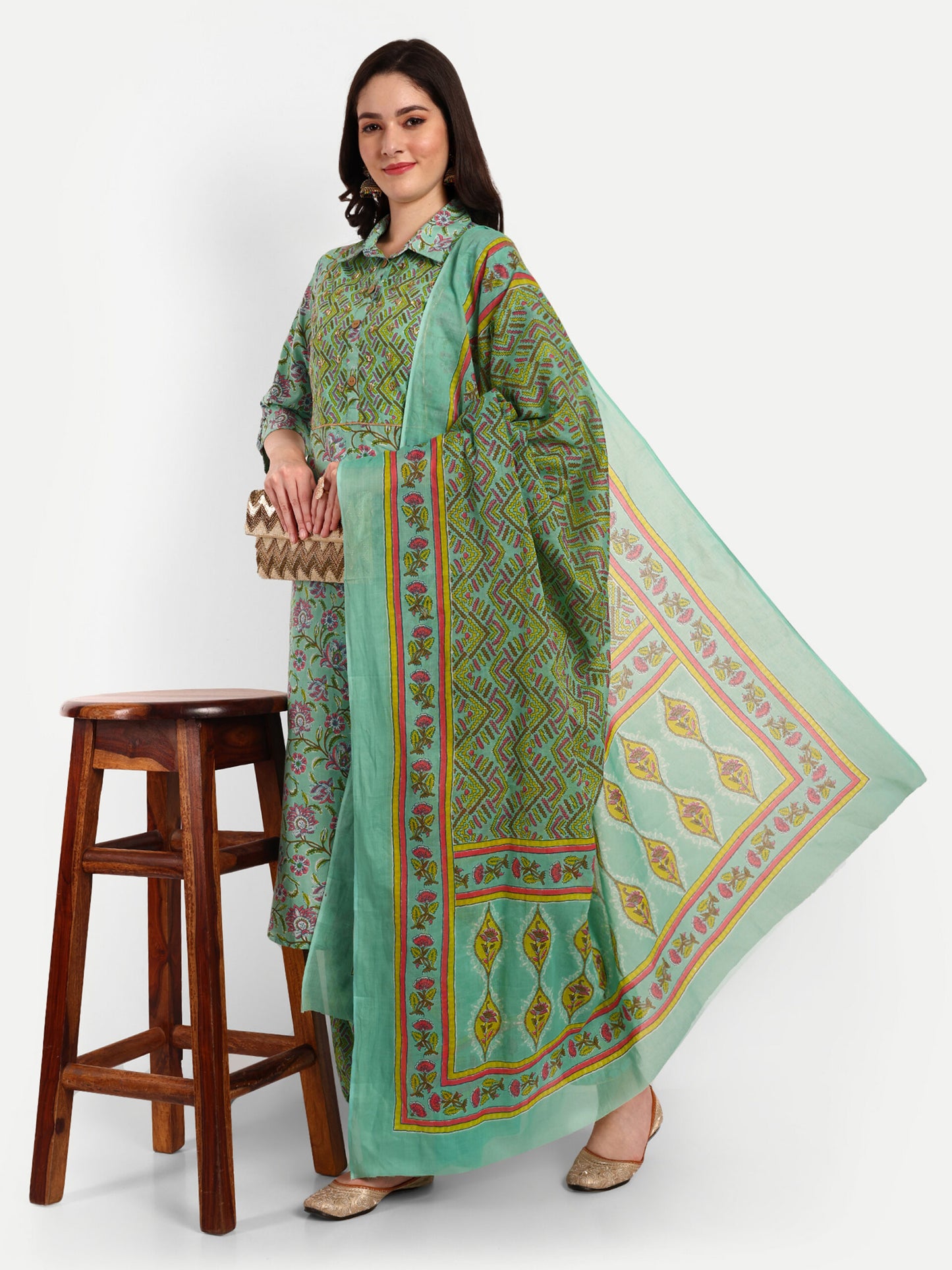 Green Kurti Afghani Pant Set with Dupatta