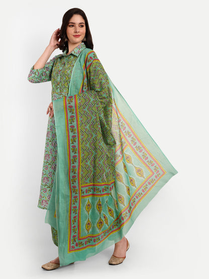 Green Kurti Afghani Pant Set with Dupatta