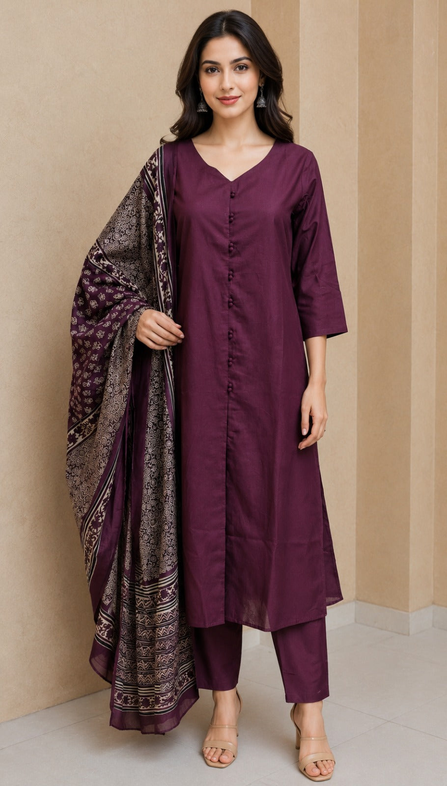 Wine Cotton Kurta Pant Dupatta Set