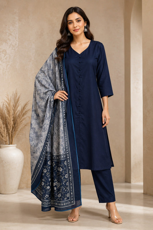 Navy Blue Cotton Kurta Pant Dupatta Set