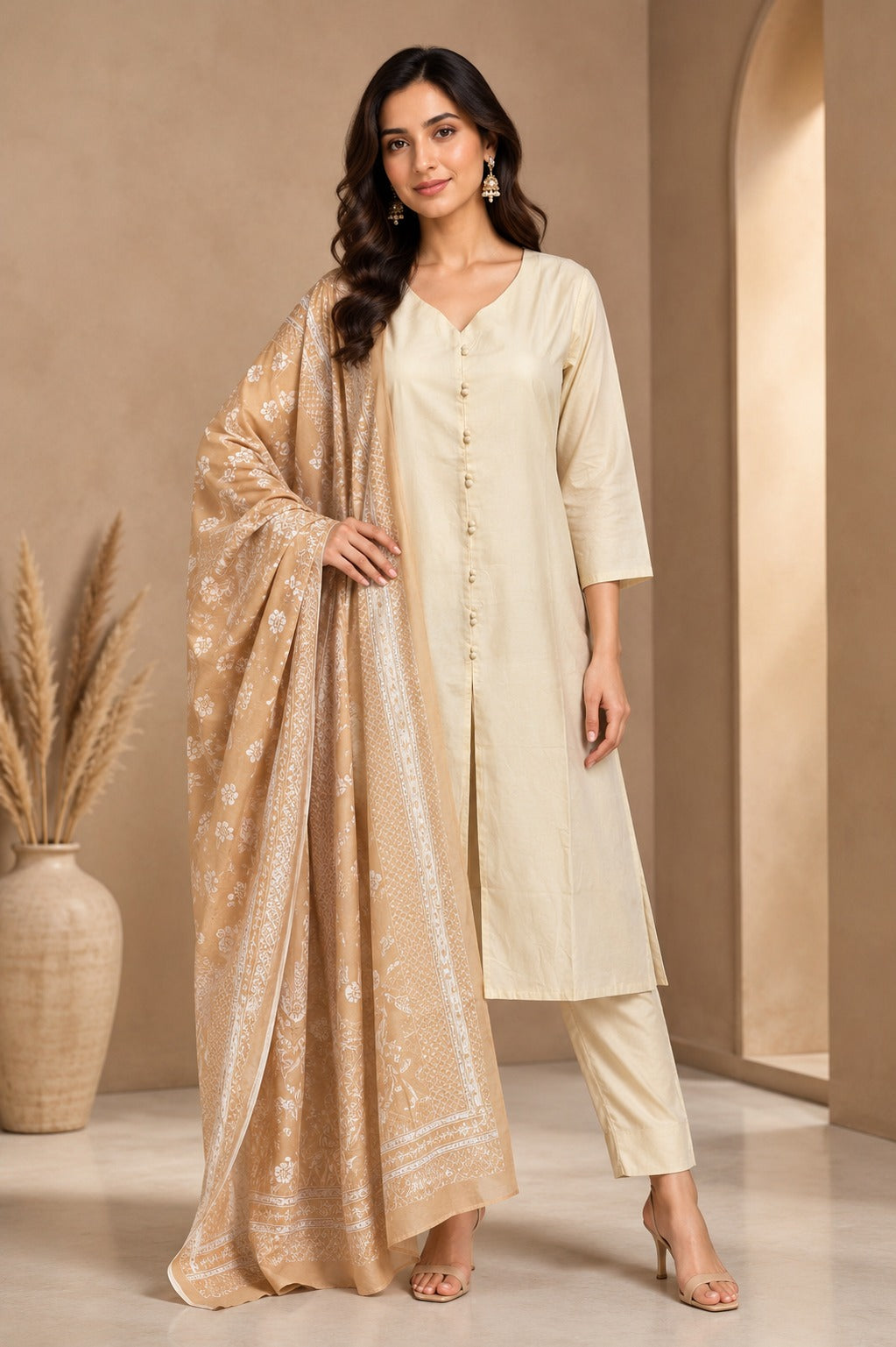 Beige Cotton Kurta Pant Dupatta Set