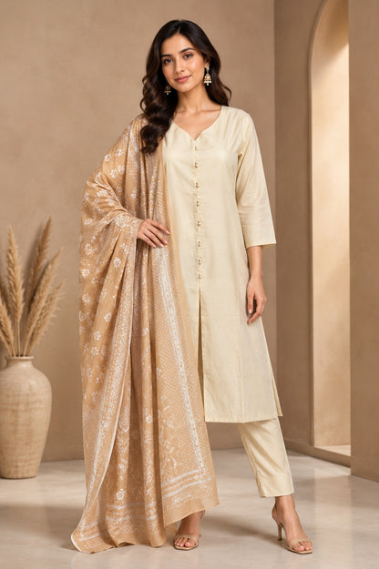 Beige Cotton Kurta Pant Dupatta Set