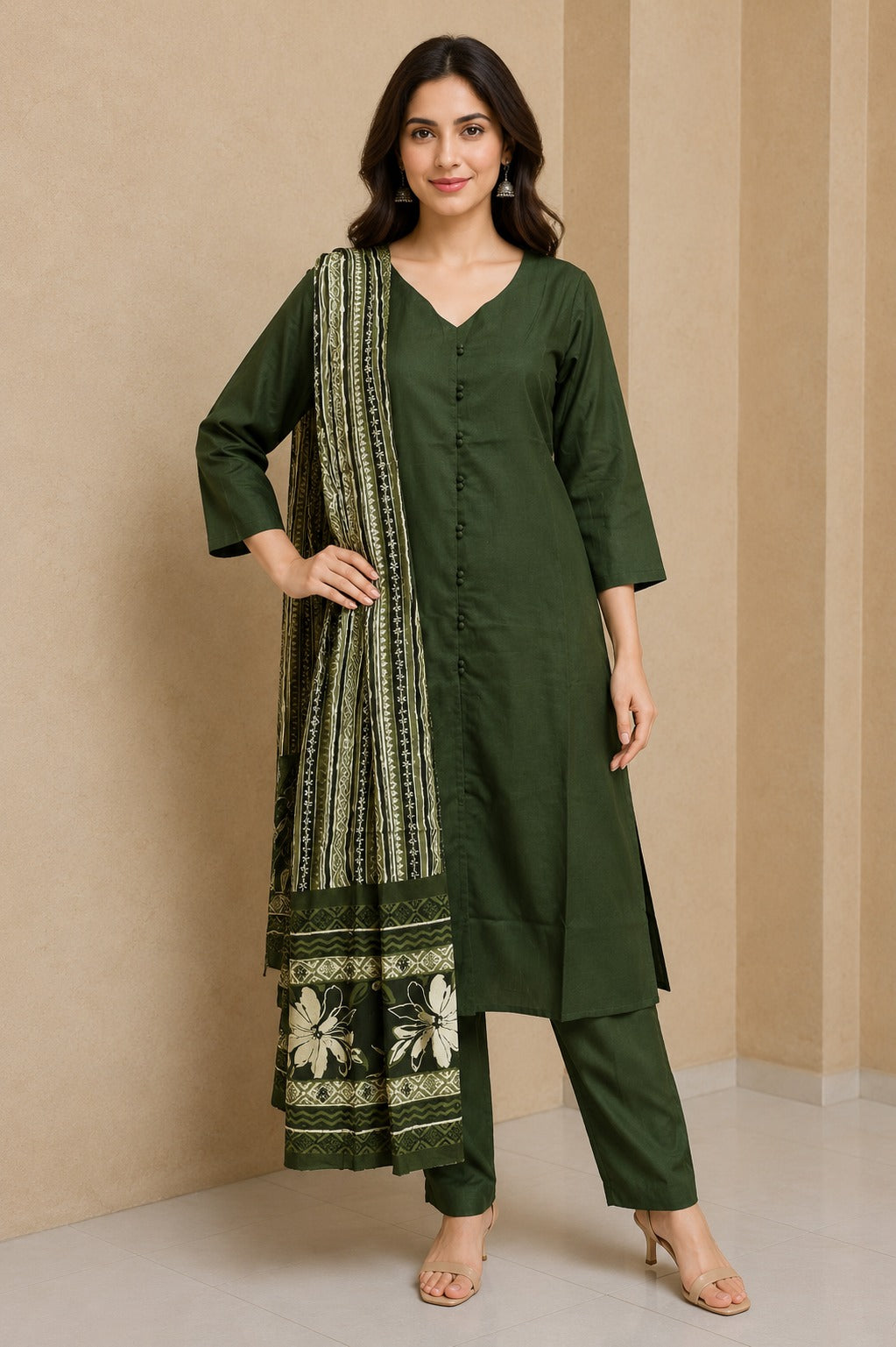 Olive Cotton Green Kurta Pant Dupatta Set