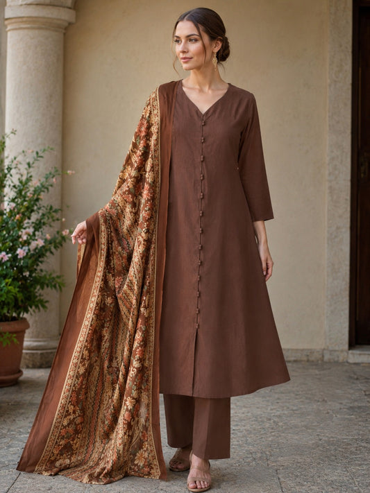 Coffee Cotton Kurta pant Dupatta Set
