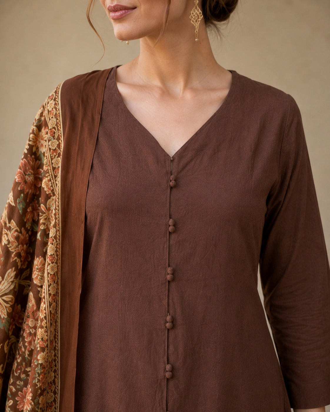 Coffee Cotton Kurta pant Dupatta Set