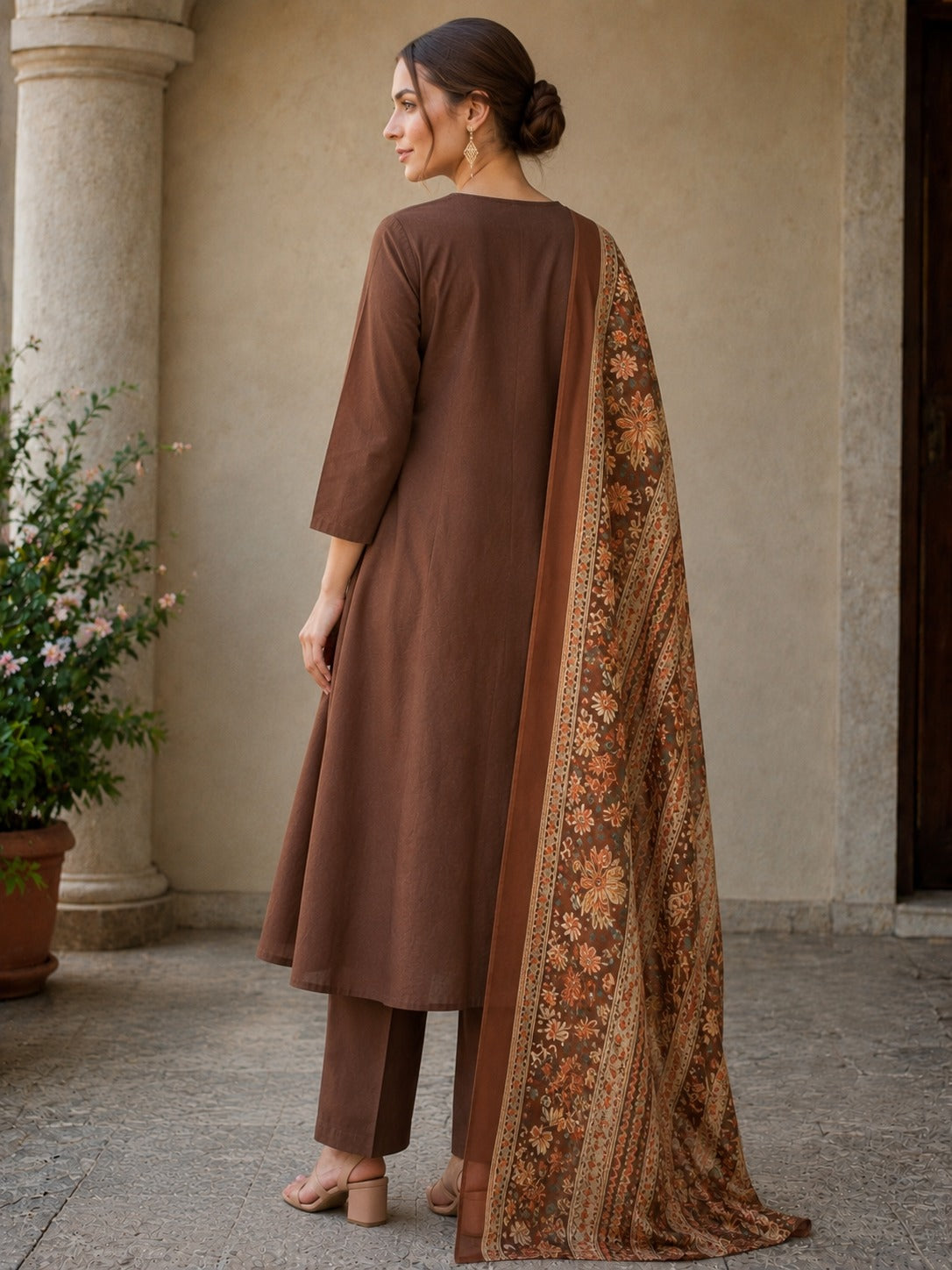 Coffee Cotton Kurta pant Dupatta Set