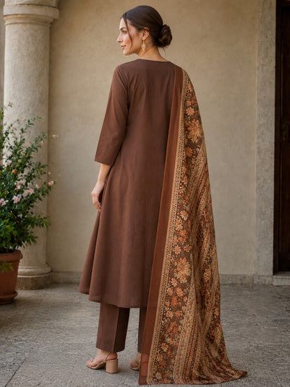 Coffee Cotton Kurta pant Dupatta Set