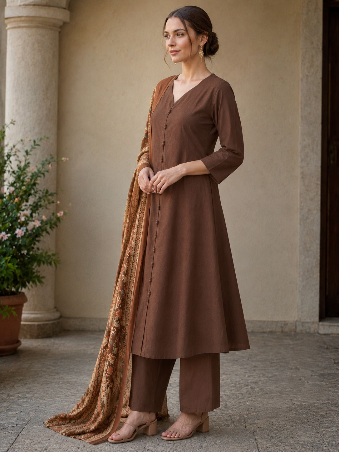 Coffee Cotton Kurta pant Dupatta Set
