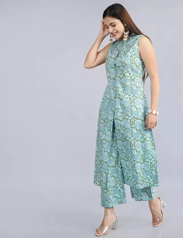 Blue Floral Printed Kurti Pant